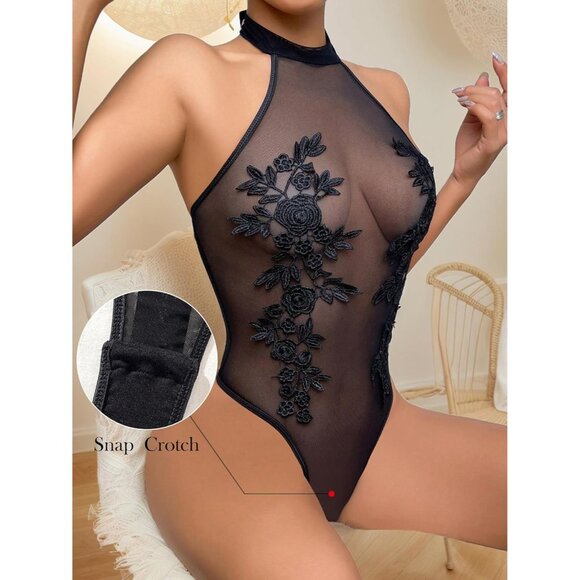 Women  Sexy Mesh Halter Snap Crotch Body Suits Sheer Emboroidered One Piece - Picture 2 of 6